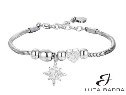 Bracciale Donna in acciaio con stella di Sissi e cuore con cristalli bianchi.