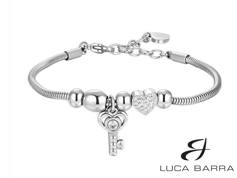 Bracciale Donna in acciaio con chiave, cuore e cristalli bianchi