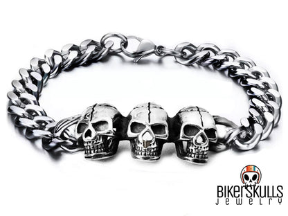 Math bracelet with three steel skulls 