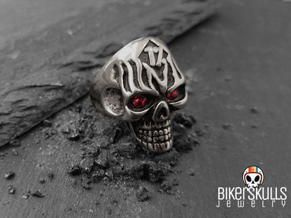 BikerSkulls stainless steel onepercenter skull with red eyes