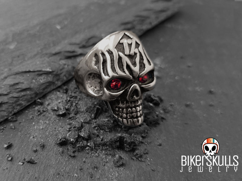 BikerSkulls stainless steel onepercenter skull with red eyes