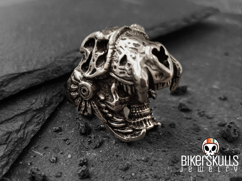 Anello Biker Skulls in acciaio 316L con teschio e testa di giaguaro
