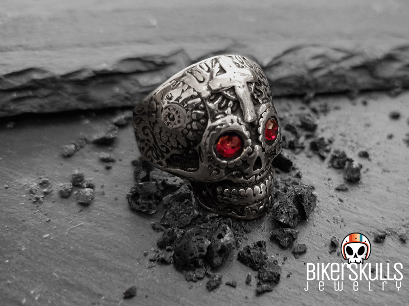 Biker skulls stainless steel mexican skull with red eyes
