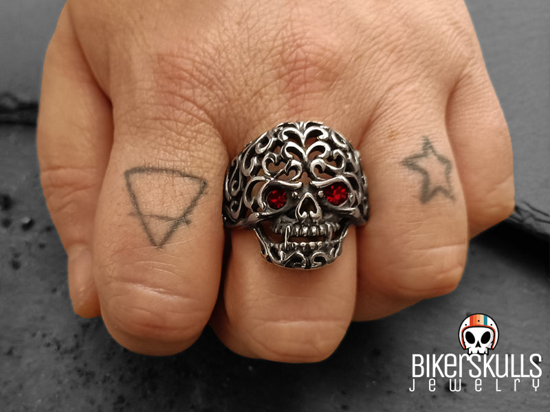 Biker Skulls staineless steel mexican skull ring with red eyes