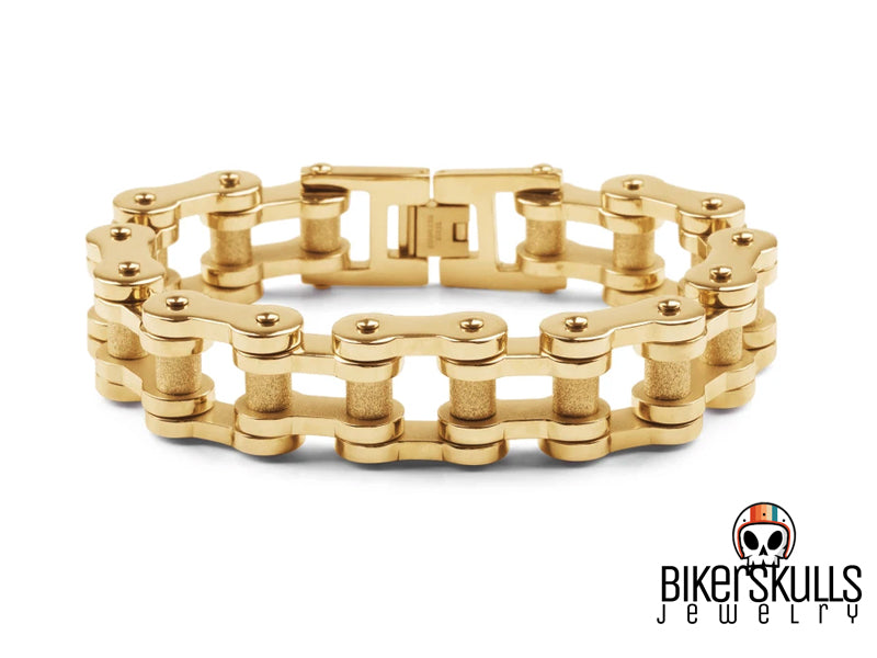 Bracciale Bikerskulls in acciaio dorato realizzato riprodocendo una catena di una bicicletta