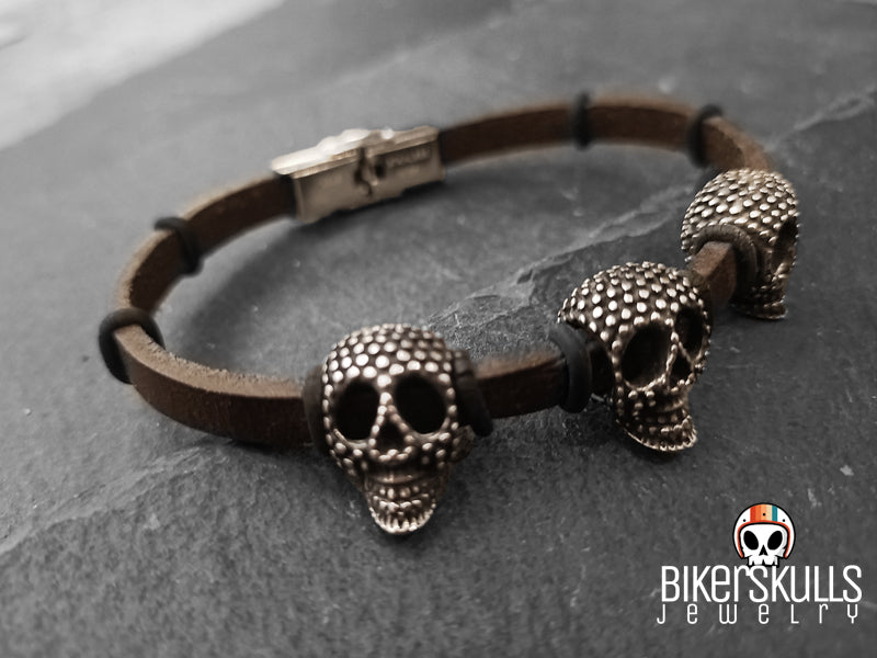 Bikerskulls genuine leather and stainless steel skulls bracelet