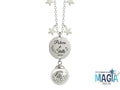 Collana in acciaio con sfera in vetro antiurto contenente piccole stelle di magia e targhetta con incisa la frase “Polvere di stelle”.