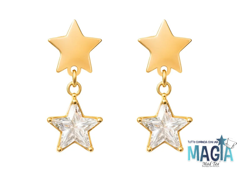 Orecchini in acciaio dorato con montatura e cristallo pendente a forma di stella.