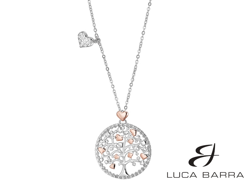 Collana in acciaio Albero della Vita con cuori rosé e cristalli