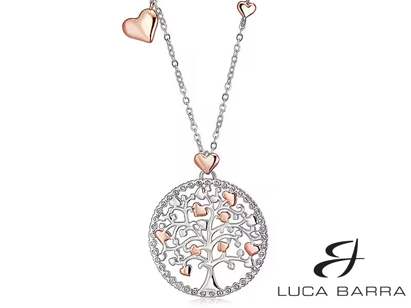 Collana in acciaio, ciondolo Albero della Vita con cuori rosé e cristalli bianchi