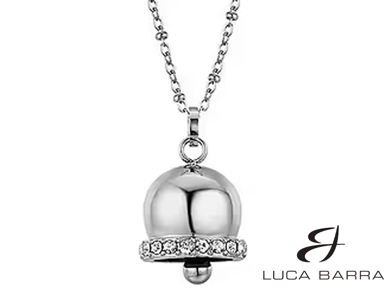 Collana donna in acciaio con campanella pendente e cristalli bianchi&nbsp;