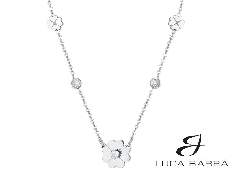Collana Donna in acciaio con quadrifoglio con zircone bianco.