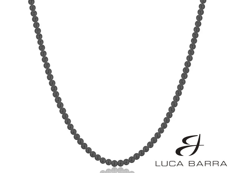 Collana uomo in acciaio con perle nere. Aggiungi un tocco di stile alla tua collezione con questa intrigante collana uomo in acciaio con perle nere. L'acciaio brillante e le perle nere si intrecciano eleganti e creano un look di grande impatto. Un'aggiunta sofisticata da portare con orgoglio!