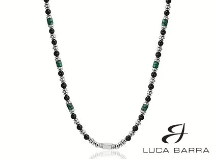 Collana Uomo in acciaio con agata nera e malachite verde.