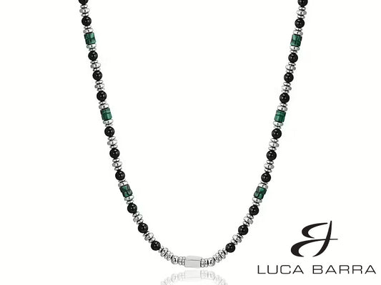 Collana Uomo in acciaio con agata nera e malachite verde.