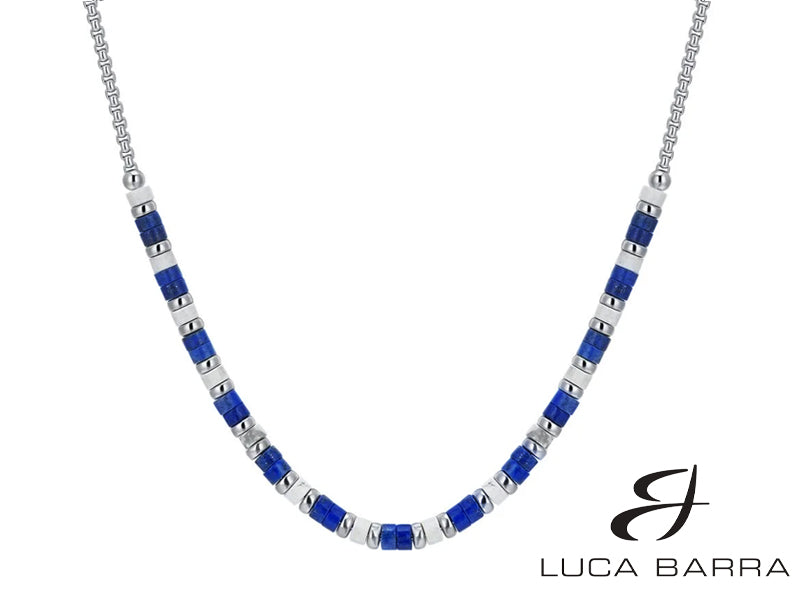 Collana Uomo in acciaio con pietre lapis e bianche.