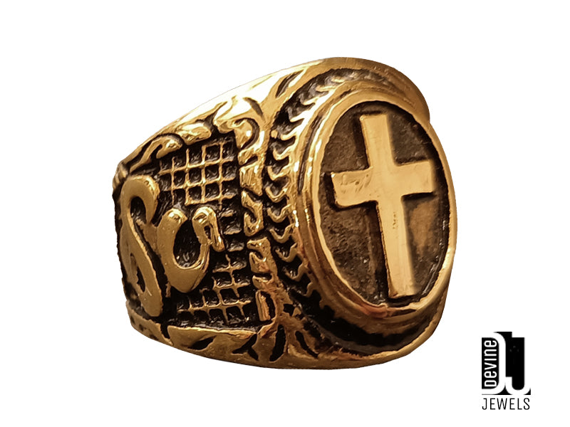 Anello Milkom croce in acciaio dorato