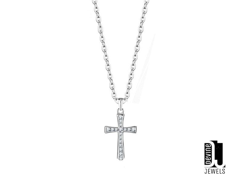 Steel necklace with silver cross and white zirconia 