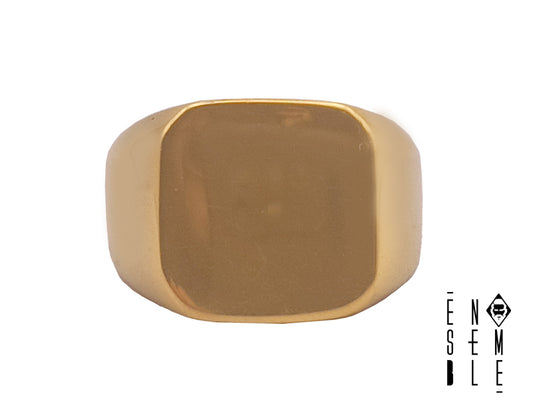 Non tutti gli accessori devono urlare per attirare l'attenzione. Questo anello con sigillo dalla forma quadrata, è caratterizzato da una superficie liscia in acciaio lucido color oro.  L'acciaio lucido offre un look a doppia tonalità per completare il tuo.