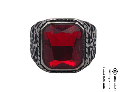 Men's Steel Signet Ring with Red Ruby Stone 