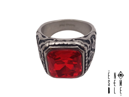 Men's Steel Signet Ring with Red Ruby Stone 