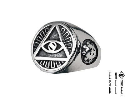 Masonic Steel Ring with Eye of Providence and Pyramid 