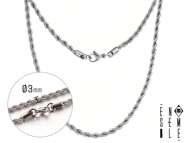 Collana maglia cordicella ritorta in acciaio inossidabile, disponibile in tre misure e dimensioni