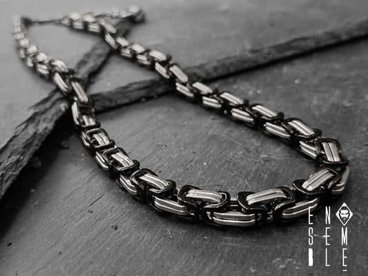 Ensemble men's necklace bicolor black Byzantine mesh 7 mm 
