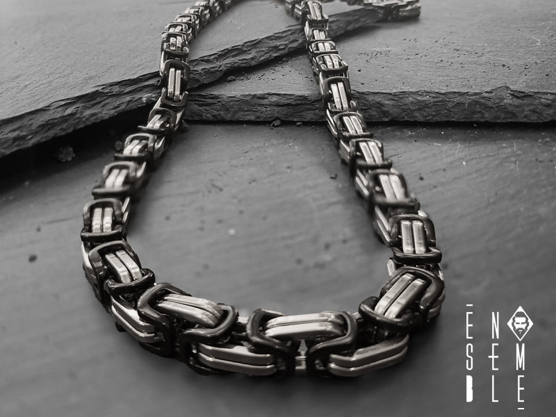 Ensemble men's necklace bicolor black Byzantine mesh 7 mm 