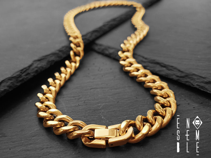 Collana Ensemble maglia Cubana da 11 mm con chiusura a pressione in acciaio dorato
