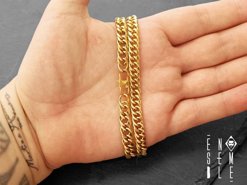Cuban stainless steel gold necklace with men tattoo