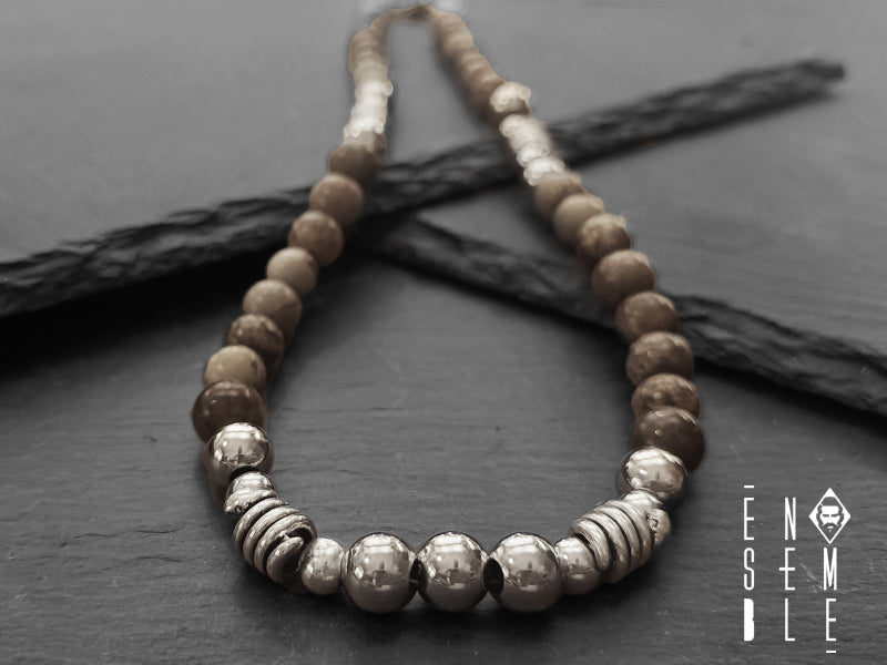 Collana uomo Ensemble Diaspro naturale e acciaio Ø 8 mm