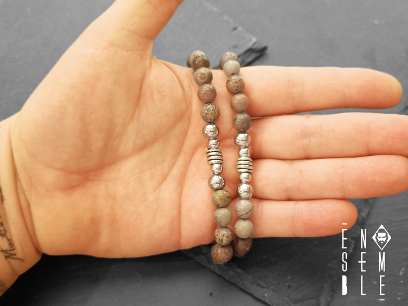 Collana uomo Ensemble Diaspro naturale e acciaio Ø 8 mm