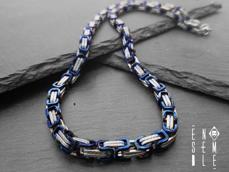 Collana uomo Ensemble bicolor maglia Bizantina Blu da 7 mm