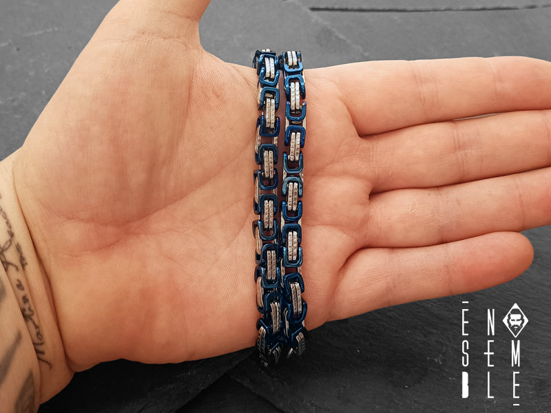 Collana Ensemble maglia Bizzantina in acciaio inox bicolor argento / Blu