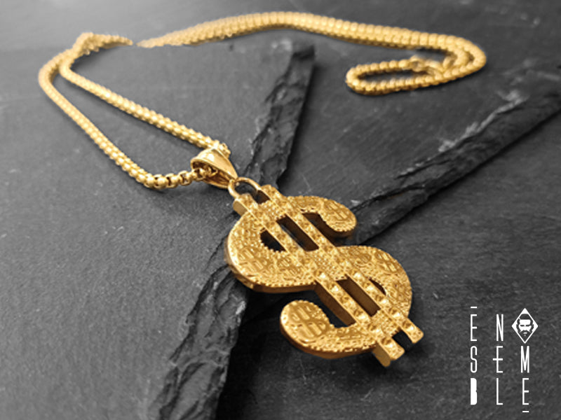 Collana con simbolo del dollaro in acciaio inossidabile dorato