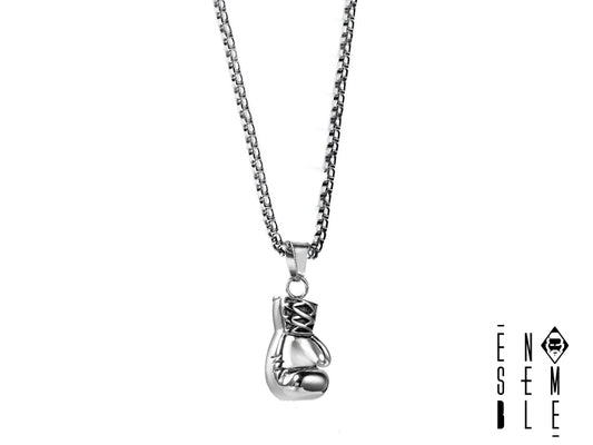 Necklace with boxing glove pendant, chain with carabiner closure in antiallergic stainless steel