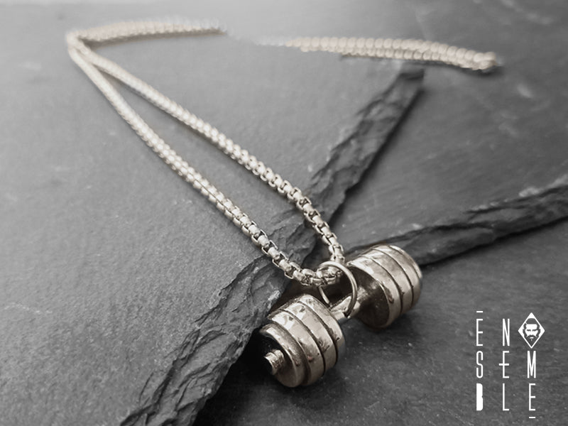 Steel Dumbbell Weight Pendant Necklace 
