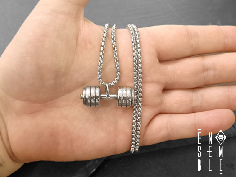 Steel Dumbbell Weight Pendant Necklace 