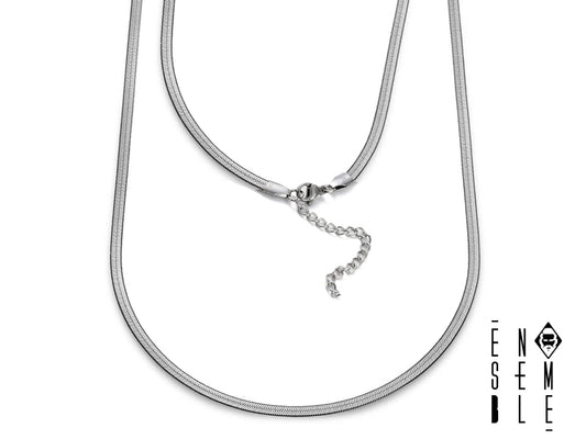 Lasciati avvolgere dalla leggerezza della collana Ensemble. La maglia snake flat in&nbsp;acciaio inossidabile 304&nbsp;argentato, con il suo diametro di 4 mm, è un gioiello che si adatta a te, seguendo i tuoi movimenti. È come una seconda pelle, un accessorio che ti accompagna in ogni momento della giornata, senza mai essere un peso. Un'esplosione di stile e comfort.
