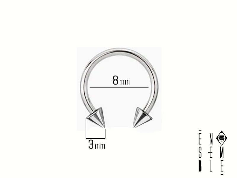 Il circular barbell è un tipo di piercing jewelry a forma di cerchio, con due puntine avvitate alle estremità. Questo modello è realizzato in acciaio inossidabile 304L, un materiale ipoallergenico e resistente alla corrosione, con finitura lucida. Il diametro interno è di 8 mm, mentre le perline finali hanno un diametro di 3 mm.