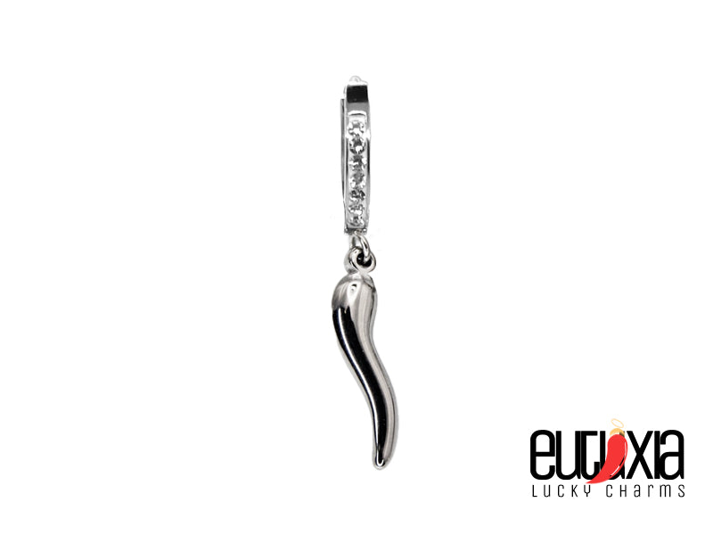 Orecchino cerchio con zirconi e cornetto ;pendente realizzato in acciaio 316L argentato
