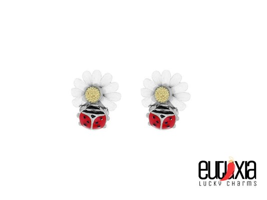 Steel flower and ladybug lucky earrings 