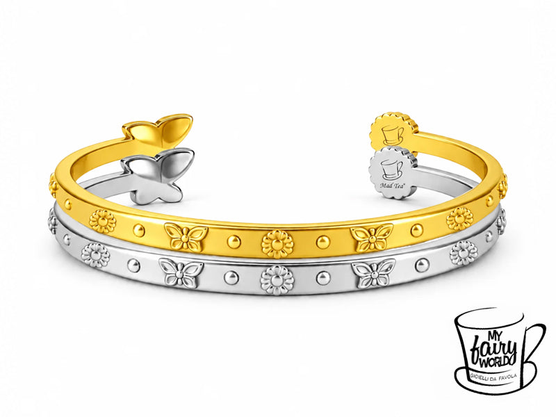 Il bordo esterno è arricchito da piccoli decori in alto rilievo con farfalle e margherite alternate, a richiamo degli elementi protagonisti del bracciale.
