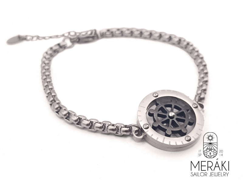 Bracciale Kai black & silver con rosa dei venti e timone