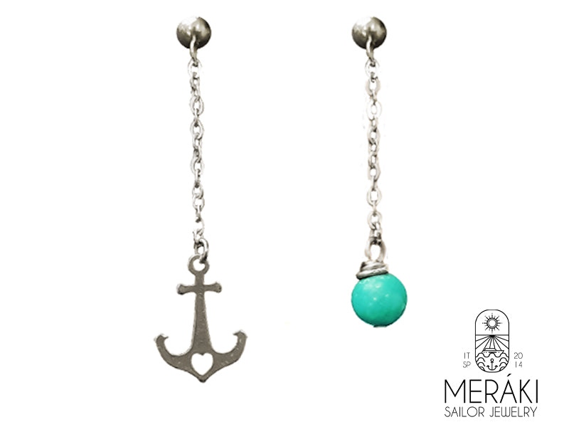 Orecchini asimmetrici Edward ancora e perlina turchese