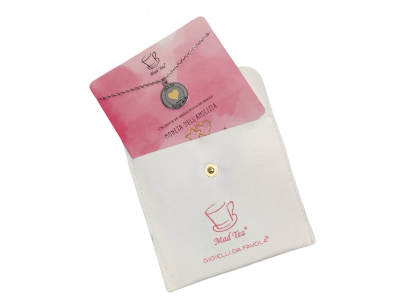 Collana "Moneta dell'amicizia" con confezione claim card e pochette in tessuto.
