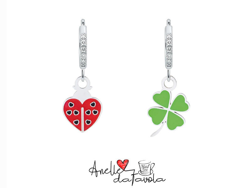 Orecchini anelle “Coccinella e quadrifoglio della fortuna”
