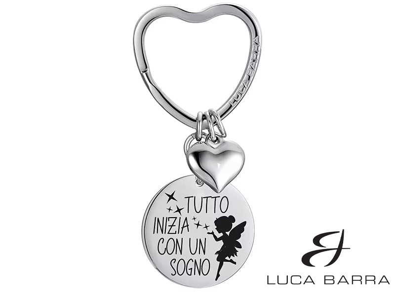 Portachiavi Donna in acciaio con scritta "Tutto inizia con un sogno", piccolo cuore e anello portachiavi a forma di cuore.