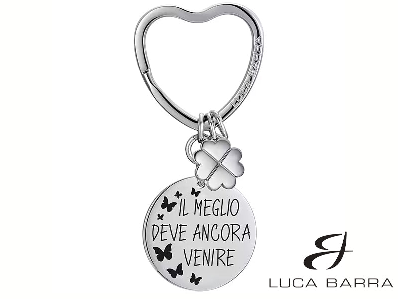 Portachiavi Donna in acciaio con scritta Il meglio deve ancora venire e piccolo quadrifoglio.